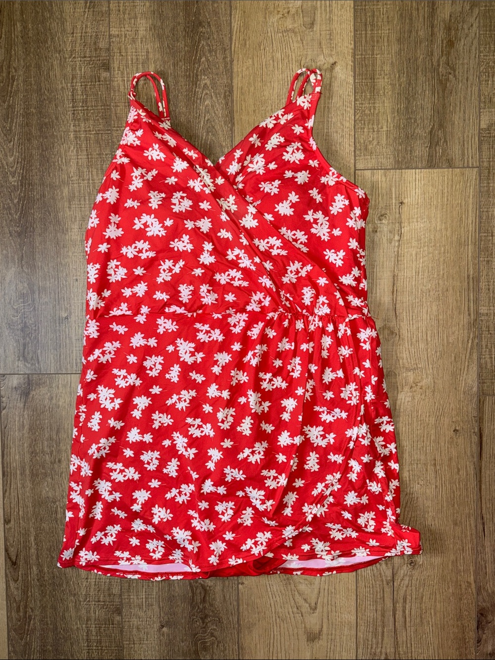 Lands' End Red Floral Wrap One-Piece Swim Dress